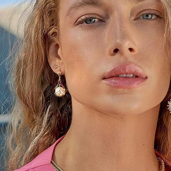 14K Gold plated Caged Lightweight Leverback Pearl Dangling Drop Elegant Jewelry - Picture 4 of 5